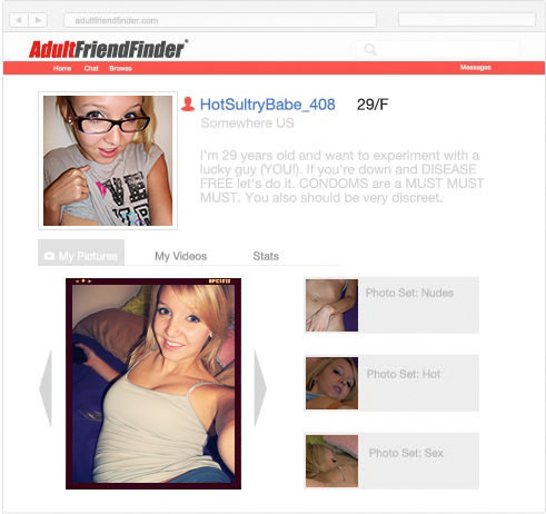 Profile page view of AdultFriendFinder member looking for one night stands