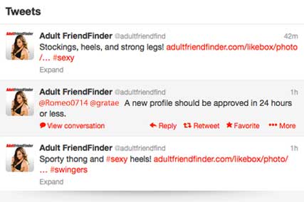 The Adult FriendFinder Twitter page features tweets about adult dating topics